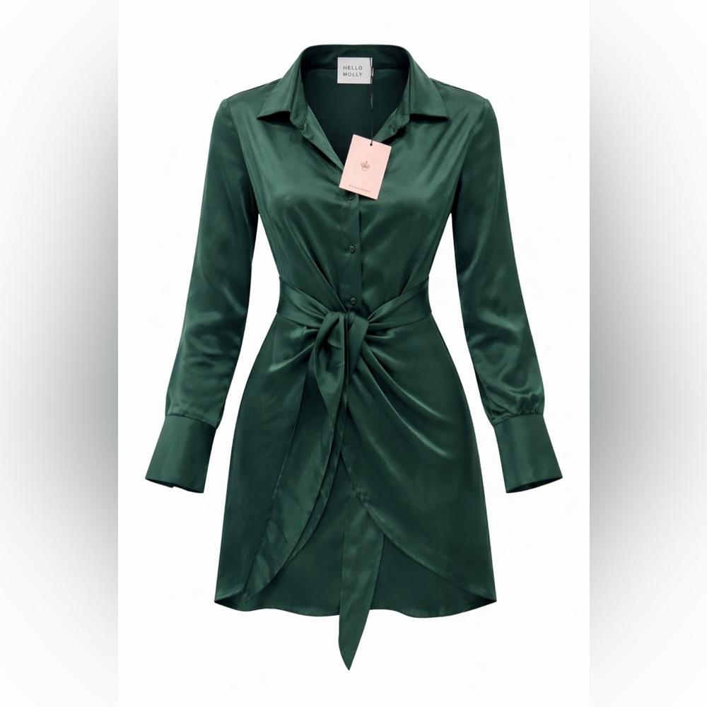 Hello Molly Forest Green Satin Shirt Dress